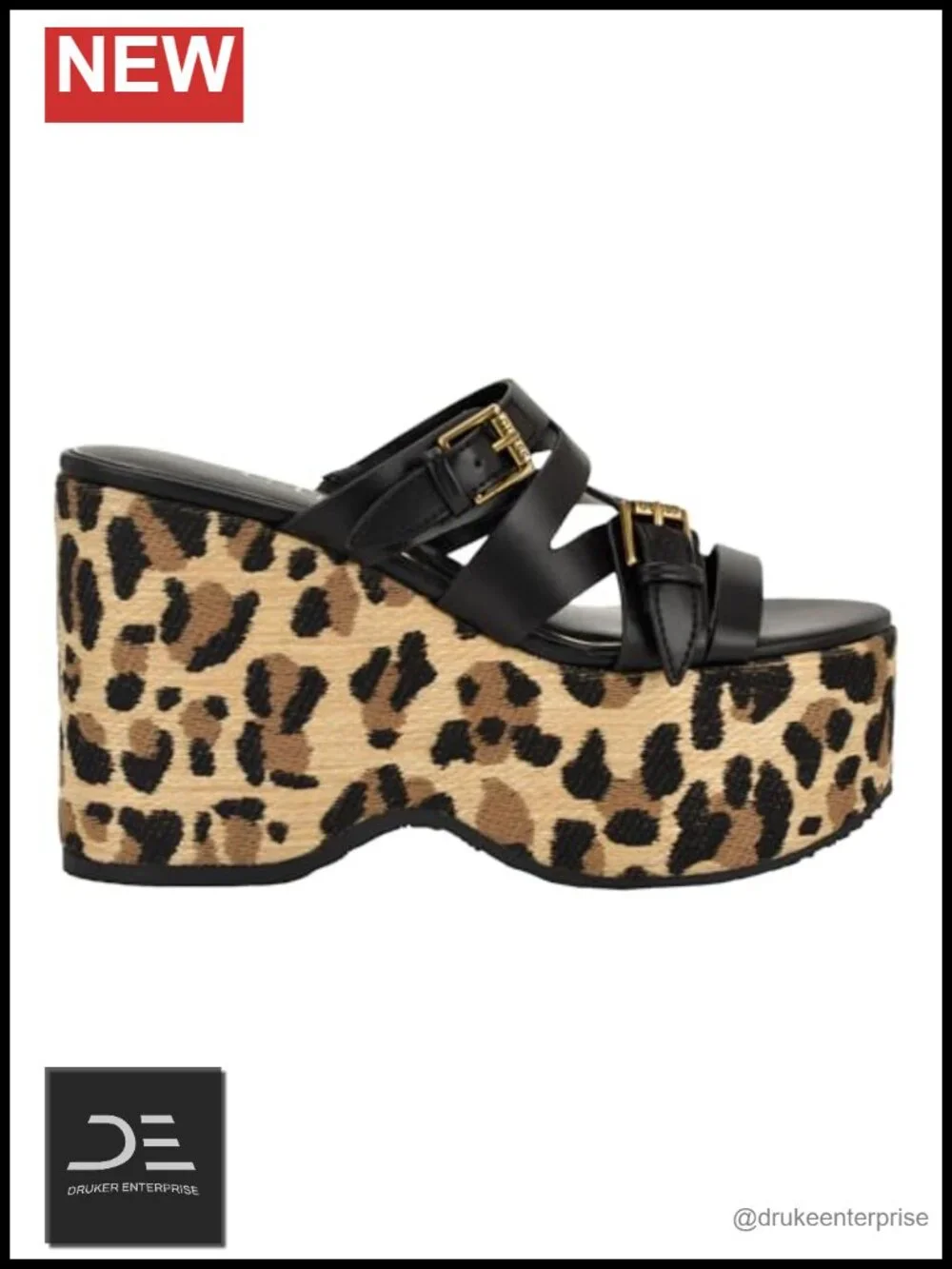 Faux Leather Platform Wedge Sandals Open Toe Slip On Gold Buckle Strappy